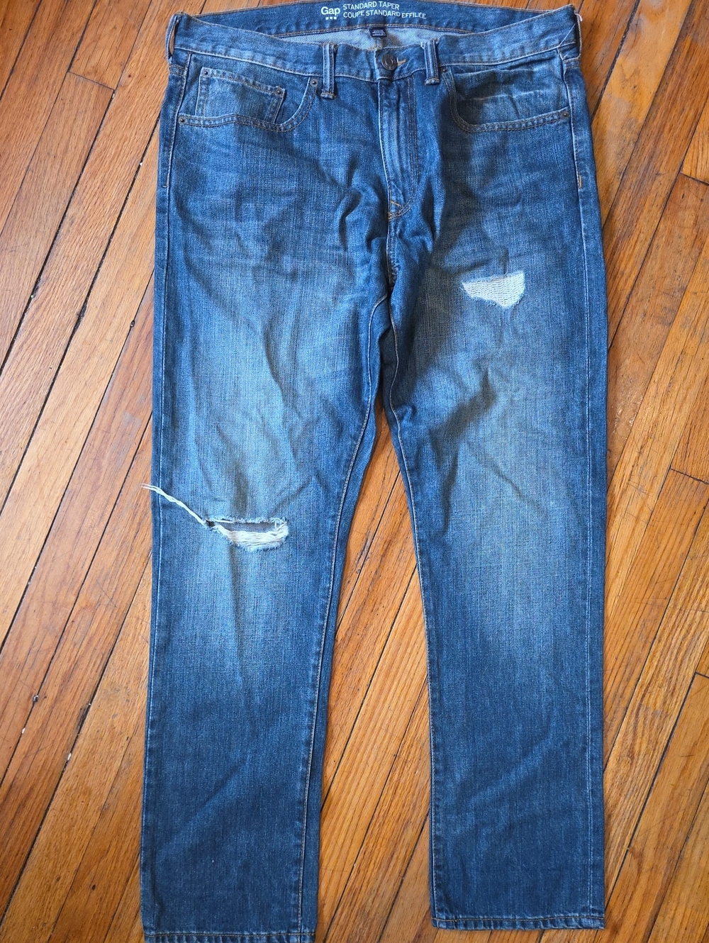 GAP Men's Slim Straight Jeans - Blue Denim with Distressed Accents